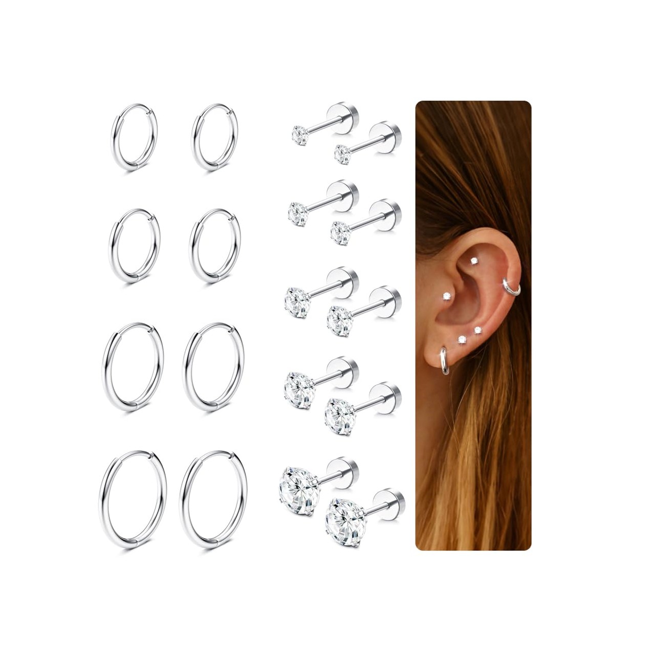 Body Jewelry Surgical Steel - 9 pares de pendientes de cartílago